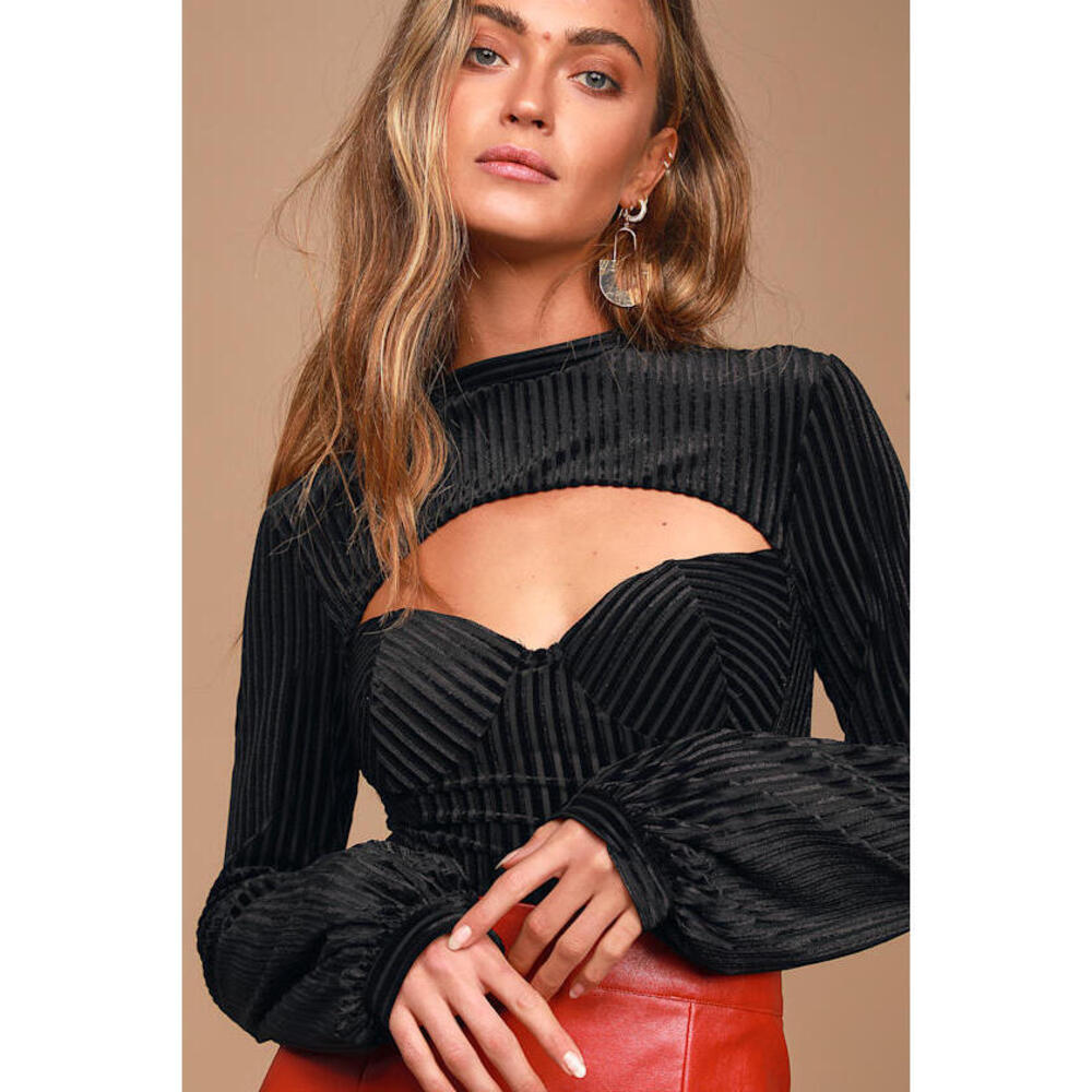 Lulus Always Alluring Black Striped Velvet Cutout Bustier Bodysuit - Size S